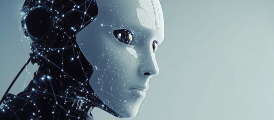 Poster - Humanoid robot head illustrating concepts in the robotics industry Design elements reflect teamwork and communication with interconnected lines and dots