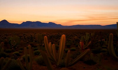 Sticker - A vast desert landscape bathed in golden light as the sun dips below the horizon. The sky transitions from deep orange to soft purple, with cacti and sparse vegetation dotting the foreground.