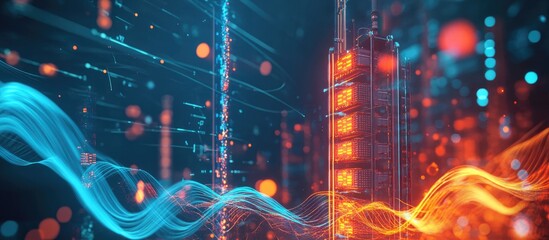 Poster - Telecommunication tower featuring 4G and 5G transmitters Cellular base station equipped with antennas set against a technological backdrop with abstract wave patterns