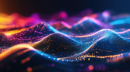 Fototapete - Vibrant waves of colors with dynamic dots and lines Abstract digital backdrop representing connectivity in large data Futuristic technology visualization 3D rendering