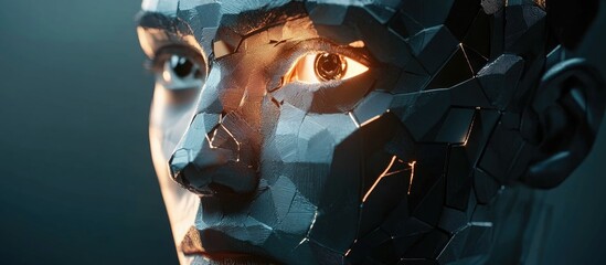 Poster - 3D illustration of a polygonal human face with cyborg features representing the concept of artificial intelligence