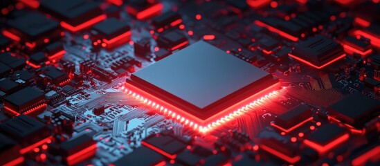 Aufkleber - 3D illustration of a processor chip on a printed circuit board illuminated by red backlight representing technology and the potential of artificial intelligence
