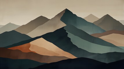 An abstract painting, layers of natural colors shape a mountain