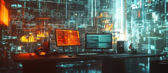Poster - Multi exposure of a digital data theme illustration overlaying a work desk with a computer Represents the concept of technology