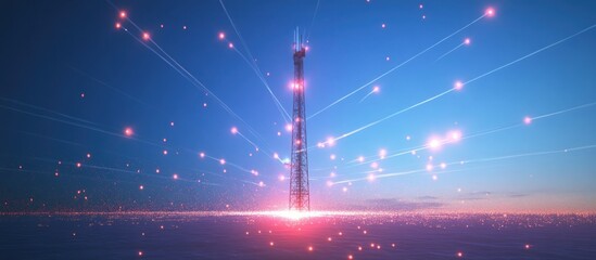Poster - Cellular communication tower emitting radio waves against a clear blue sky