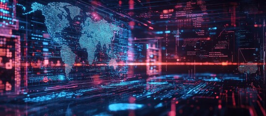 Poster - Multi exposure of an abstract hologram depicting programming language with a global map on a computer backdrop representing concepts of artificial intelligence and neural networks