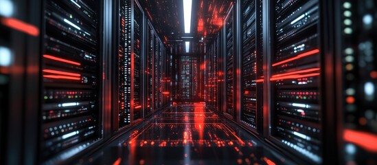 Poster - 3D Illustration of Cloud Computing Data Center Server Rack and Connections in a Neural Network Technology Environment