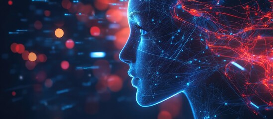 Poster - Artistic abstraction featuring the silhouette of a human face intertwined with technology symbols exploring themes of computer science artificial intelligence and communication