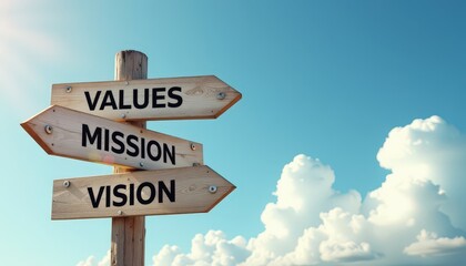 wooden signpost with arrows directing to values, mission, and vision under a bright, clear sky with 