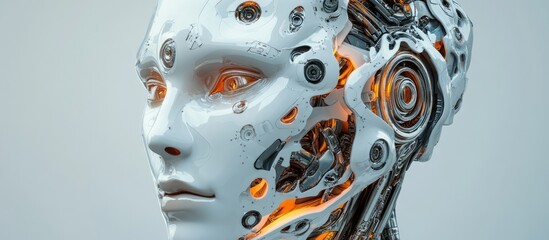 Poster - Highly detailed cyborg face or robotic head rendered in 3D featuring intricate designs against a grey background