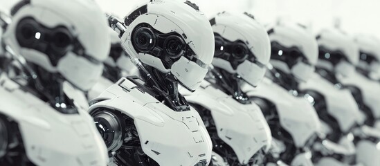 Poster - Futuristic army of robots or cyborgs positioned in a factory featuring robotic arms on their heads Isolated on a white background 3D rendering