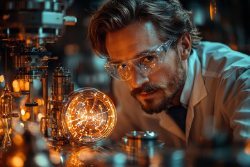 Poster - A physicist in a lab filled with superconductors, studying quantum mechanics. Concept of quantum physics and cutting-edge research.