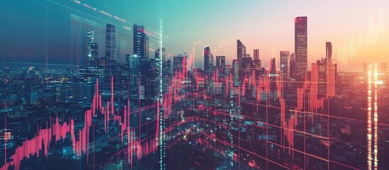 Poster - Real estate and investment concept featuring financial charts and stock market graphs layered over a city skyline in double exposure