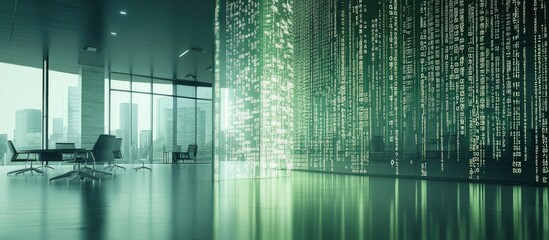 Poster - Abstract illustration of virtual binary code set against a contemporary office backdrop Concept of big data and coding featuring a multi exposure effect