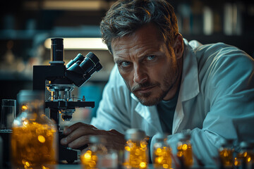 Poster - a medical researcher developing a new vaccine, focused on the microscope. concept of medical science