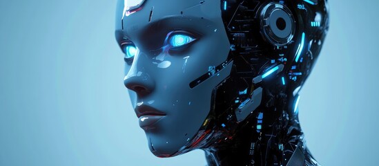 Poster - 3D illustration of a humanoid robot head representing artificial intelligence embodying human characteristics exploring themes of cybernetic control digital brain and futuristic science