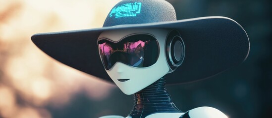 Poster - 3D rendering of a smart robot wearing a large AI themed hat