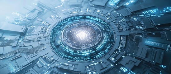 Poster - Abstract representation of artificial intelligence encircled by digital technology featuring computer systems on a light blue background