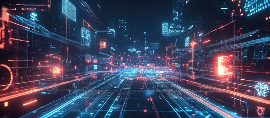 Poster - Smart city concepts and IoT integration represented through an abstract visualization of wireless communication networks and digital holograms related to 5G technology