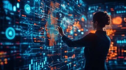 Poster - a woman interacts with a futuristic digital interface showcasing data visualizations and analytics i