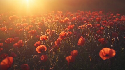 Wall Mural -   A field of red flowers bathed in sunlight behind them