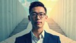 © umut hasanoglu - Confident young Asian man in glasses standing in front of a symmetrical architectural background under a bright sky.