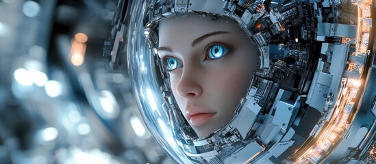 Poster - 3D illustration of a metallic science fiction inspired female artificial intelligence within a futuristic computer core