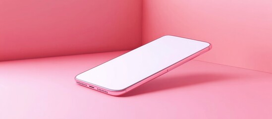Poster - 3D rendering of a pink smartphone with a white screen lying on a pink floor ideal for commercial advertising isolated on a pink background