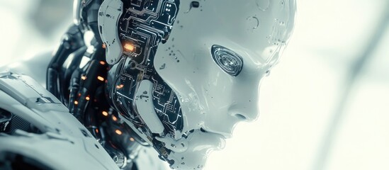 Poster - AI technology concept featuring a 3D rendered robot or cyborg with a circuit based brain design