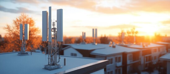 Poster - New GSM antennas installed on a residential rooftop for 5G signal transmission pose potential health risks contributing to environmental radiation pollution from cell towers