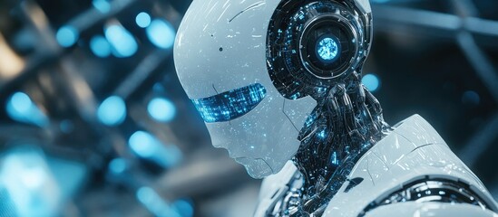 Aufkleber - 3D rendering of artificial intelligence exploring robot and cyborg advancements for a digital smart world metaverse concept