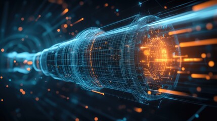 Poster - 3D illustration of a military missile tracking system in wireframe style featuring a holographic design with particle effects in the nodes