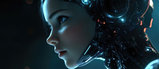 Aufkleber - Female robotic face against a dark digital backdrop Conceptual design of artificial intelligence in virtual reality with a close up view of the robot s head