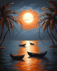 Wall Mural - Stunning Tropical Sunset Scene with Boats, Palm Trees, and Reflective Water â€“ Ideal for Relaxation and Dreamy Vacation Inspirations