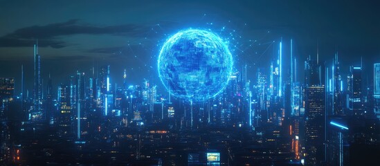 Poster - Futuristic cityscape featuring a blue abstract network globe illuminated with light flares designed for an illustrative background