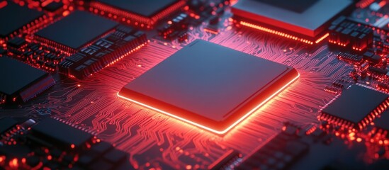 Aufkleber - 3D illustration of a processor chip on a printed circuit board illuminated by red backlight representing technology and the potential of artificial intelligence