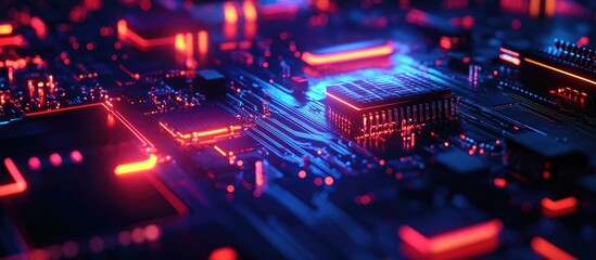 Poster - 4K abstract futuristic motherboard design featuring glowing neon lights in a dynamic pattern