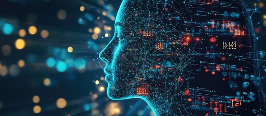 Poster - Silhouette of a human face combined with technology symbols creating a backdrop for themes related to computer science artificial intelligence and communication