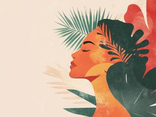 abstract woman portrait tropical leaves geometric coral and beige background