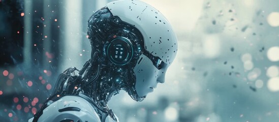 Poster - Contemporary backdrop symbolizing artificial intelligence cutting edge technologies robots and a person with technical features integrated into their mind Theme of technology and engineering