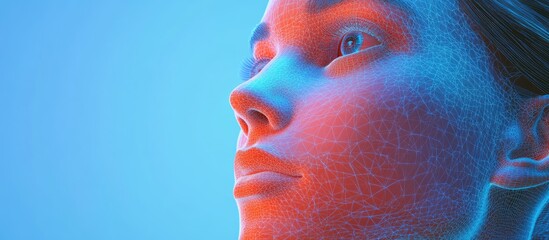Poster - 3D wireframe representation of a young female face set against a blue gradient background symbolizing technology cyborgs digital avatars and futuristic concepts