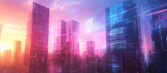 Aufkleber - Holographic data visualization overlaying a city skyline with tall buildings showcasing a technological theme through double exposure