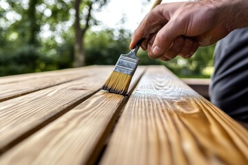 A man is painting a wooden table with a brush, generative ai image