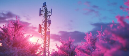 Poster - Telecommunication tower featuring 4G and 5G cellular technology Base station equipped with wireless communication antennas and transmitters