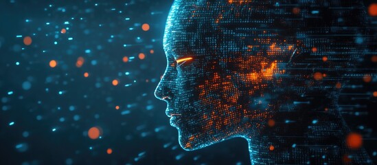 Poster - Humanoid robot head against a backdrop of binary code representing themes related to the robotics industry
