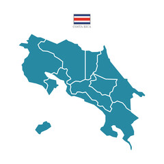 Wall Mural - Colored (blue) silhouette map of costa rica with the outline of regions. Vector illustration with a flag.