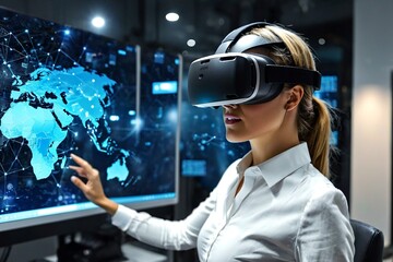 A person using a virtual reality headset in front of multiple computer monitors, representing modern technology and innovation