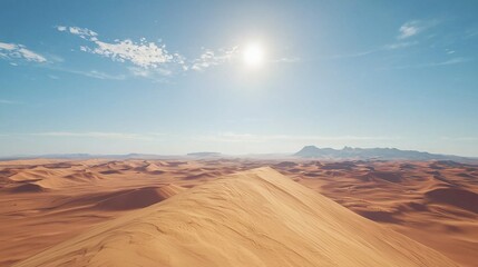 Wall Mural -   An aerial view of a desert landscape with sand dunes and distant mountains under a bright sun