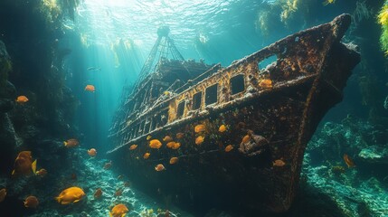 Wall Mural - A rusty shipwreck sits on the ocean floor, sunlight shining through the water and illuminating the ship.  School of yellow fish swim around the wreck.