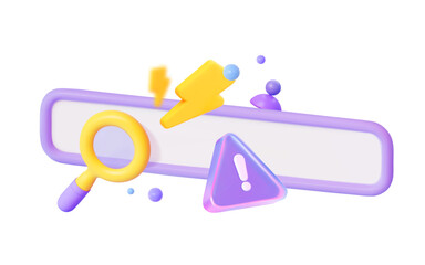3D Search Bar with Magnifying Glass, Lightning Bolt, and Warning Sign.